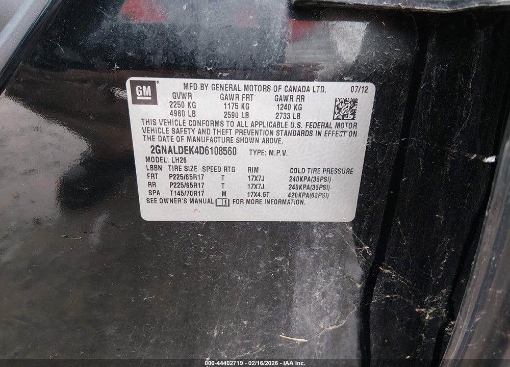2013 CHEVROLET EQUINOX 1LT VIN: 2GNALDEK4D6108560