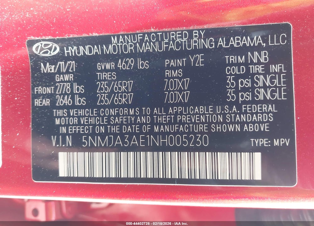2022 HYUNDAI TUCSON SE VIN: 5NMJA3AE1NH005230