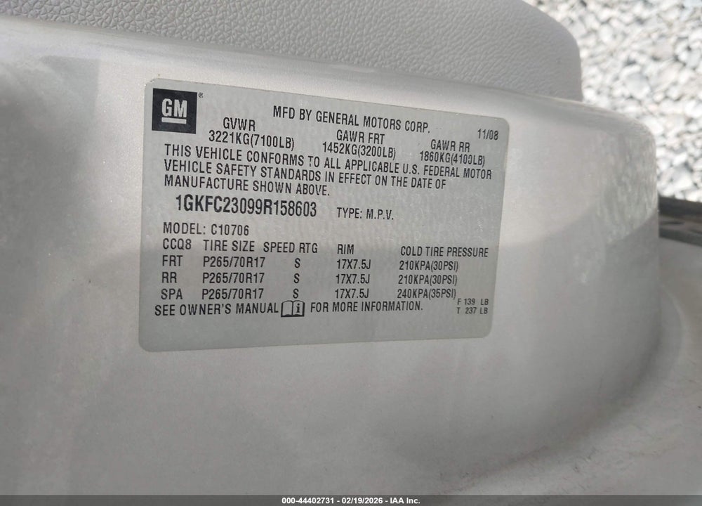 2009 GMC YUKON SLE1 VIN: 1GKFC23099R158603