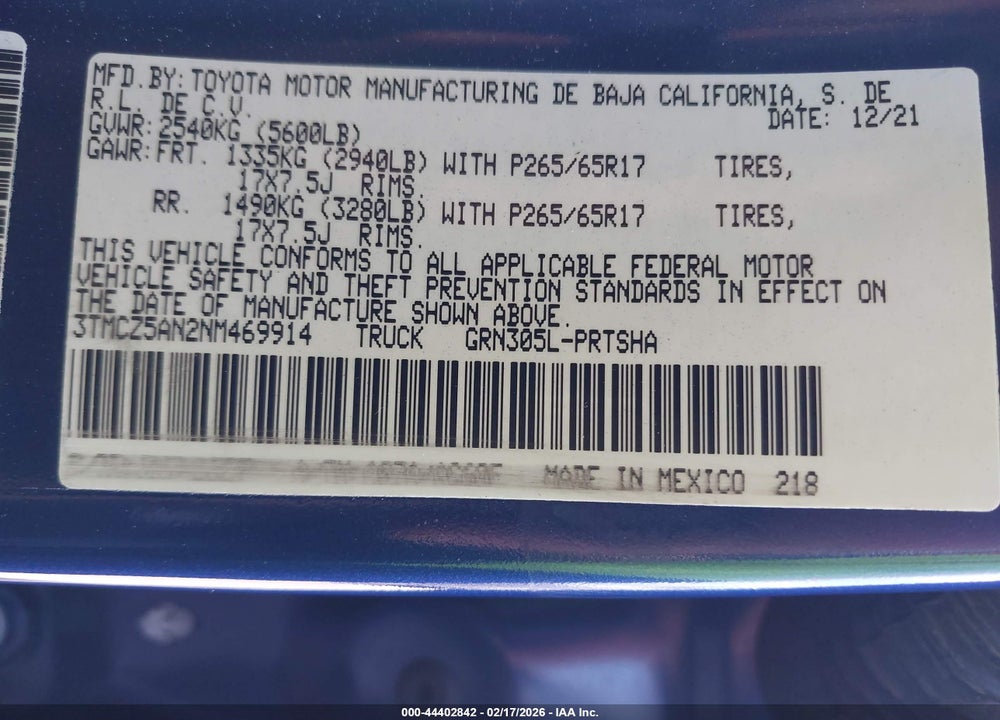 2022 TOYOTA TACOMA TRD SPORT VIN: 3TMCZ5AN2NM469914