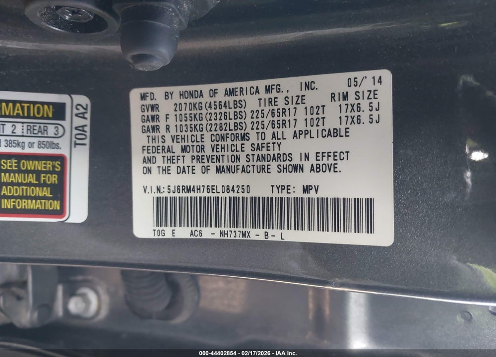 2014 HONDA CR-V EX-L VIN: 5J6RM4H76EL084250