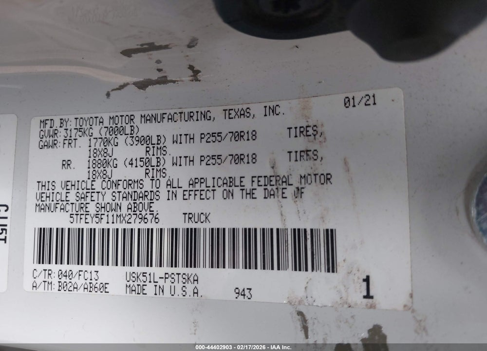 2021 TOYOTA TUNDRA SR5 VIN: 5TFEY5F11MX279676