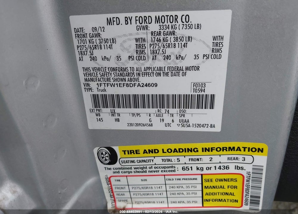 2013 FORD F-150 LARIAT VIN: 1FTFW1EF8DFA24609