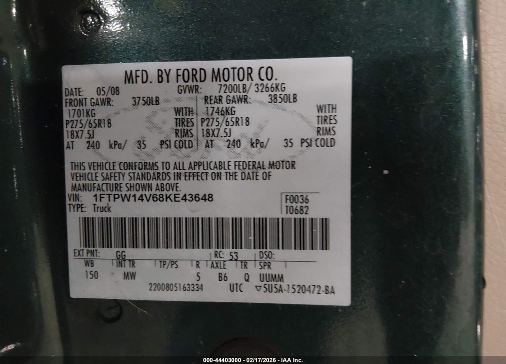 2008 FORD F-150 60TH ANNIVERSARY/FX4/KING RANCH/LARIAT/XLT VIN: 1FTPW14V68KE43648