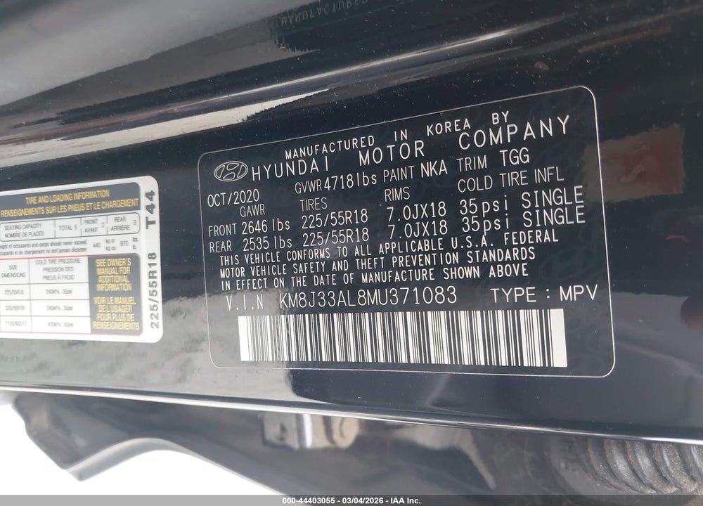 2021 HYUNDAI TUCSON SEL VIN: KM8J33AL8MU371083