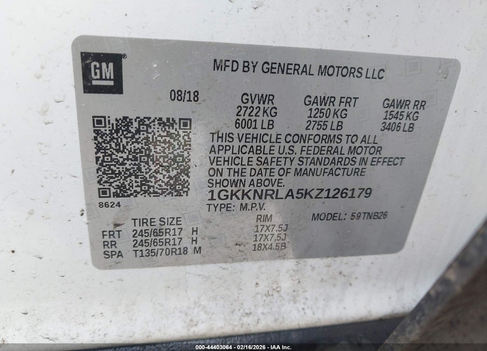 2019 GMC ACADIA SLE-1 VIN: 1GKKNRLA5KZ126179