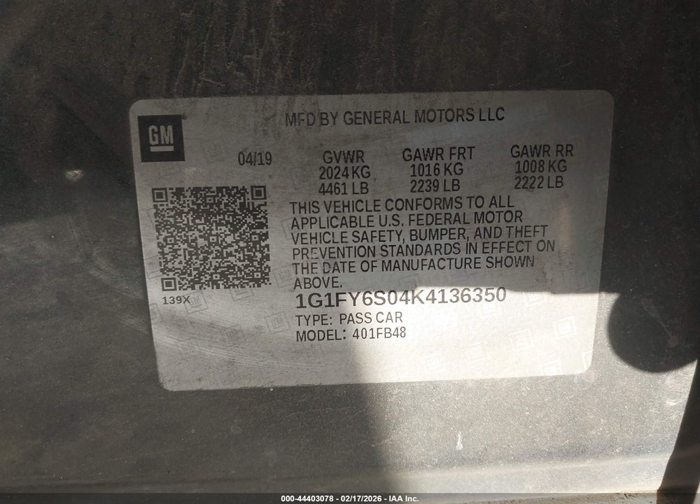 2019 CHEVROLET BOLT EV LT VIN: 1G1FY6S04K4136350