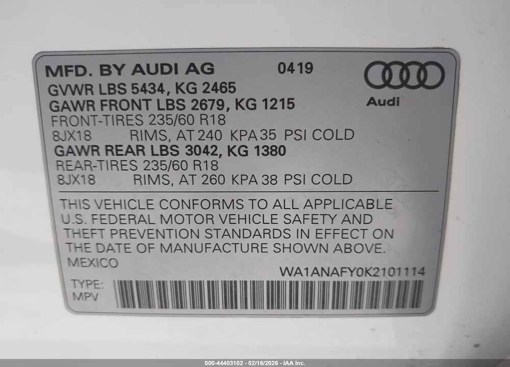 2019 AUDI Q5 45 PREMIUM VIN: WA1ANAFY0K2101114