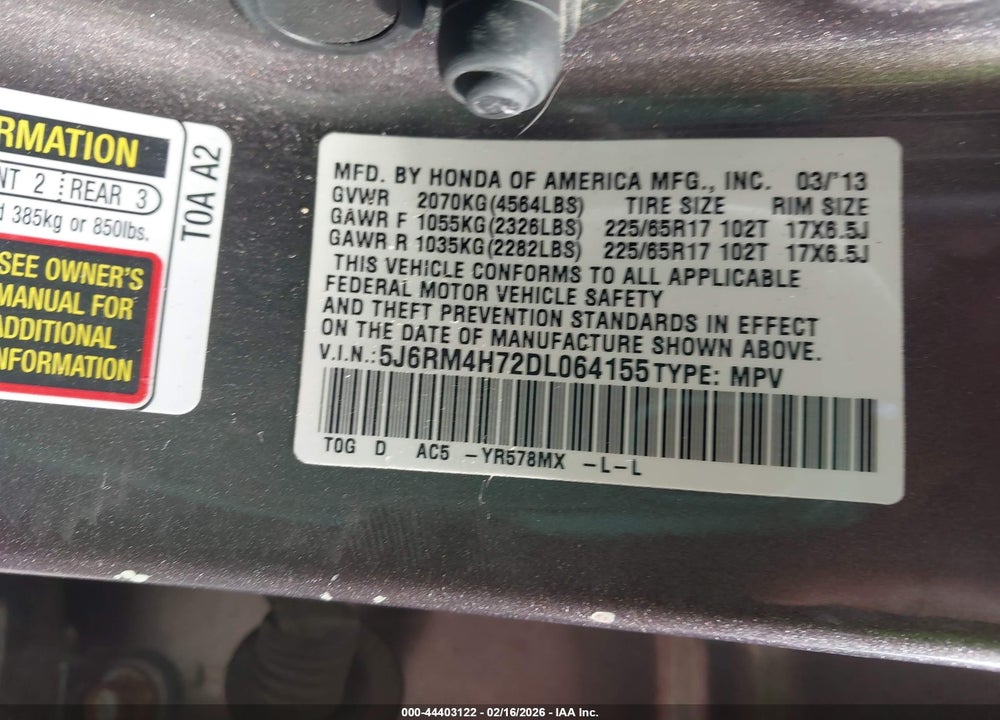 2013 HONDA CR-V EX-L VIN: 5J6RM4H72DL064155