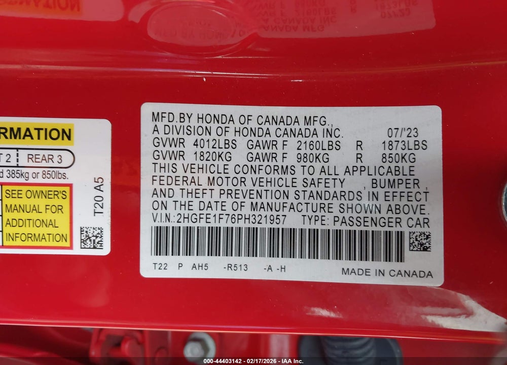 2023 HONDA CIVIC EX/EX W/O BSI VIN: 2HGFE1F76PH321957
