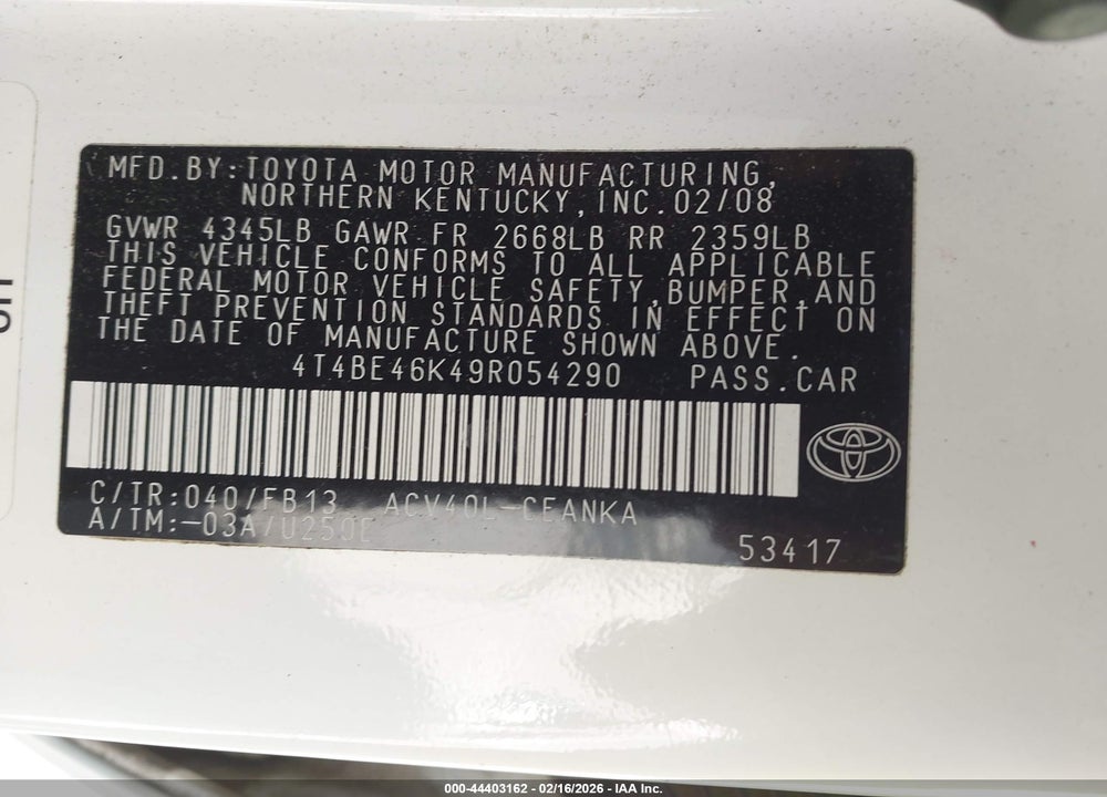 2009 TOYOTA CAMRY LE VIN: 4T4BE46K49R054290