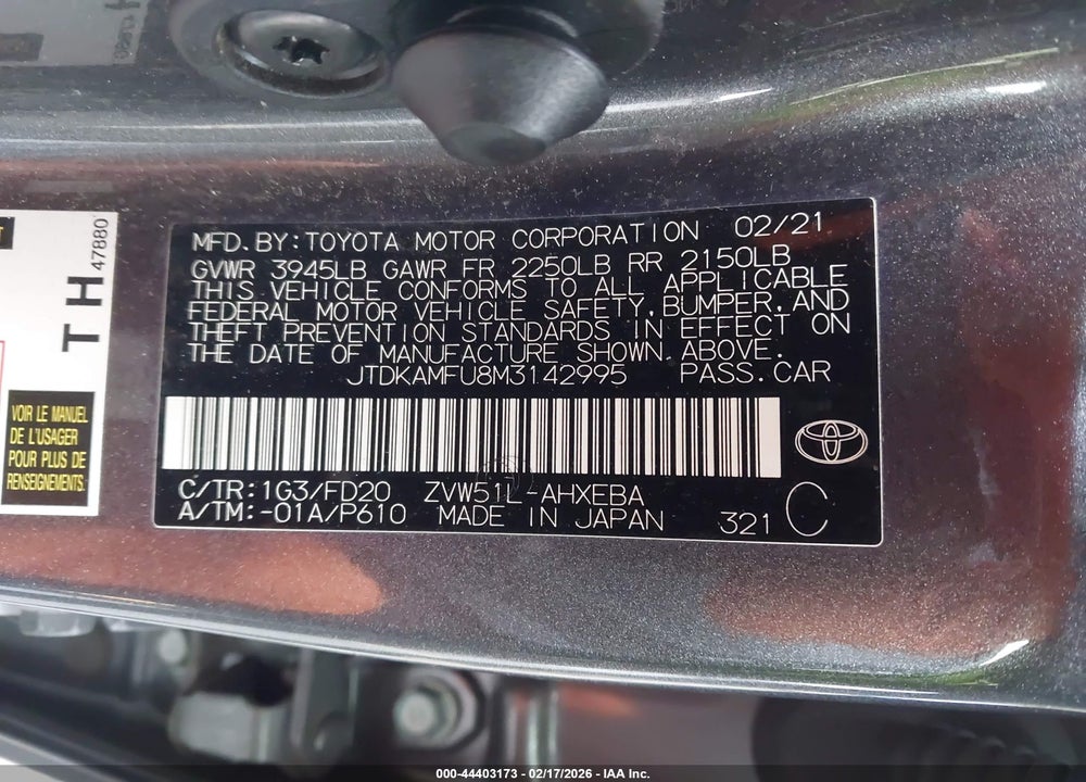 2021 TOYOTA PRIUS LE VIN: JTDKAMFU8M3142995