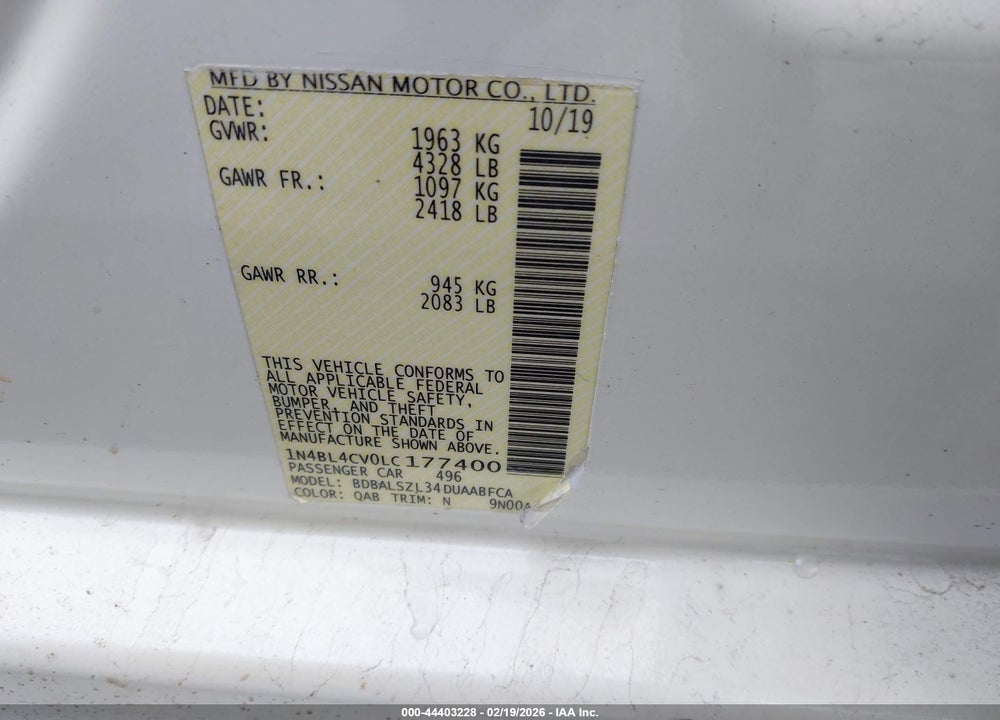 2020 NISSAN ALTIMA SR FWD VIN: 1N4BL4CV0LC177400