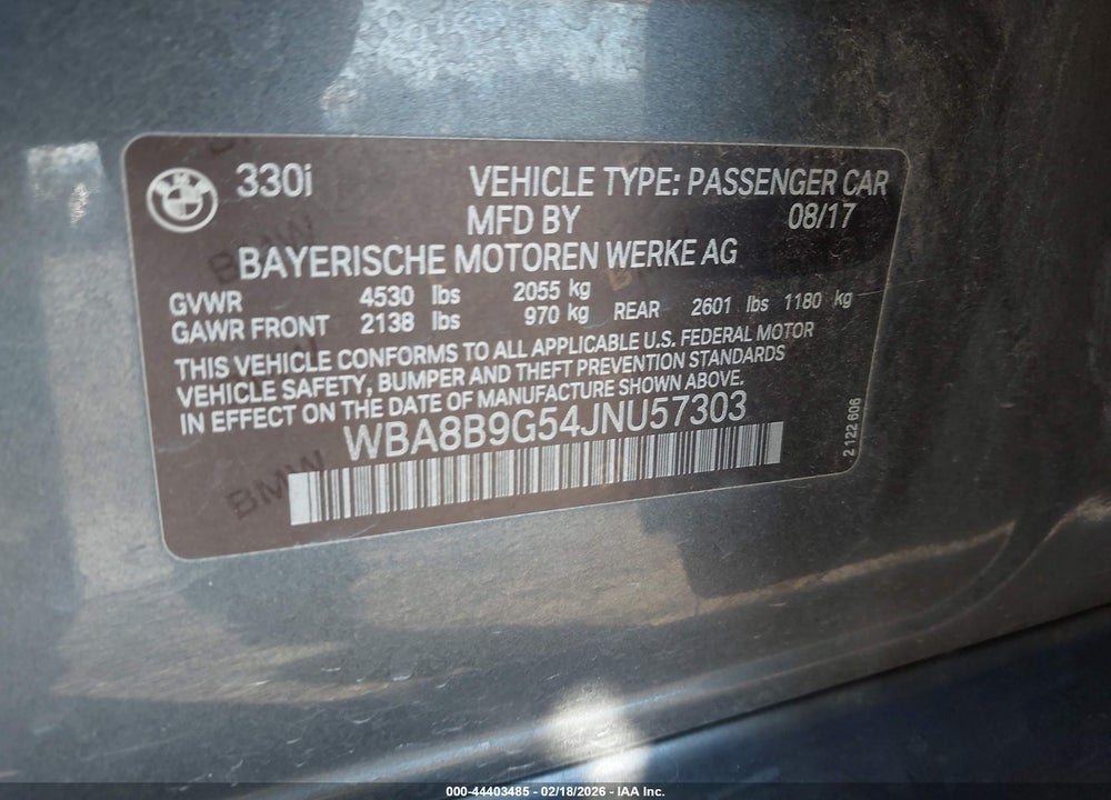 2018 BMW 330I VIN: WBA8B9G54JNU57303