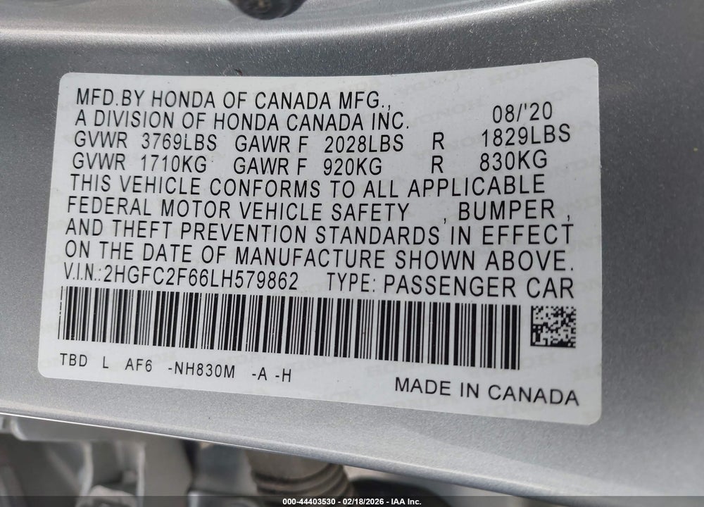 2020 HONDA CIVIC LX VIN: 2HGFC2F66LH579862