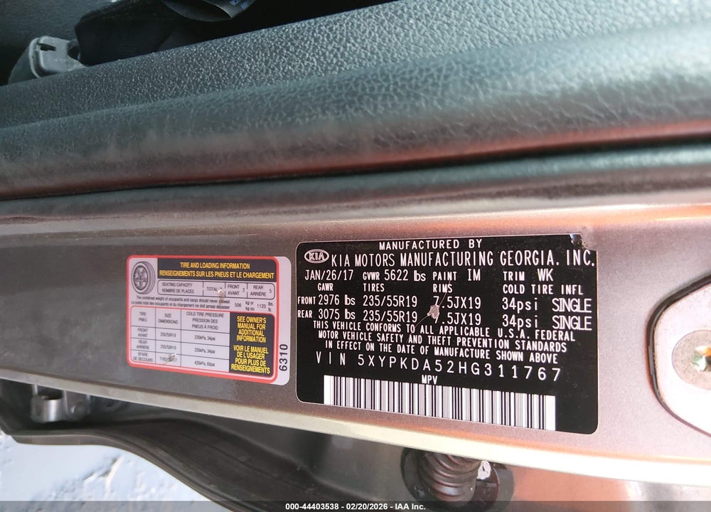 2017 KIA SORENTO 3.3L SX VIN: 5XYPKDA52HG311767