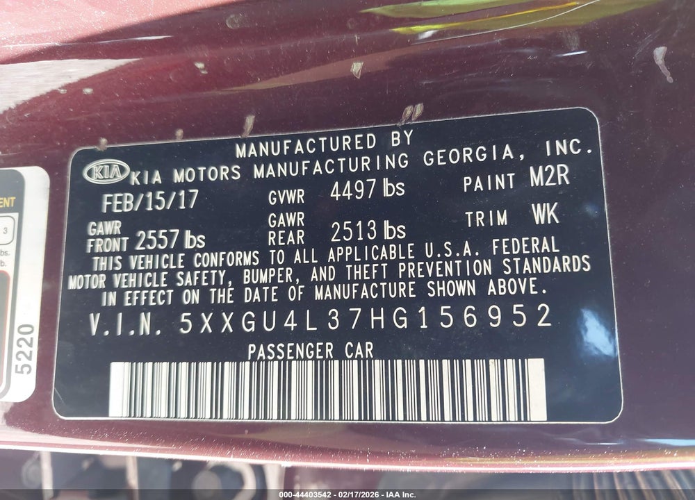 2017 KIA OPTIMA EX VIN: 5XXGU4L37HG156952