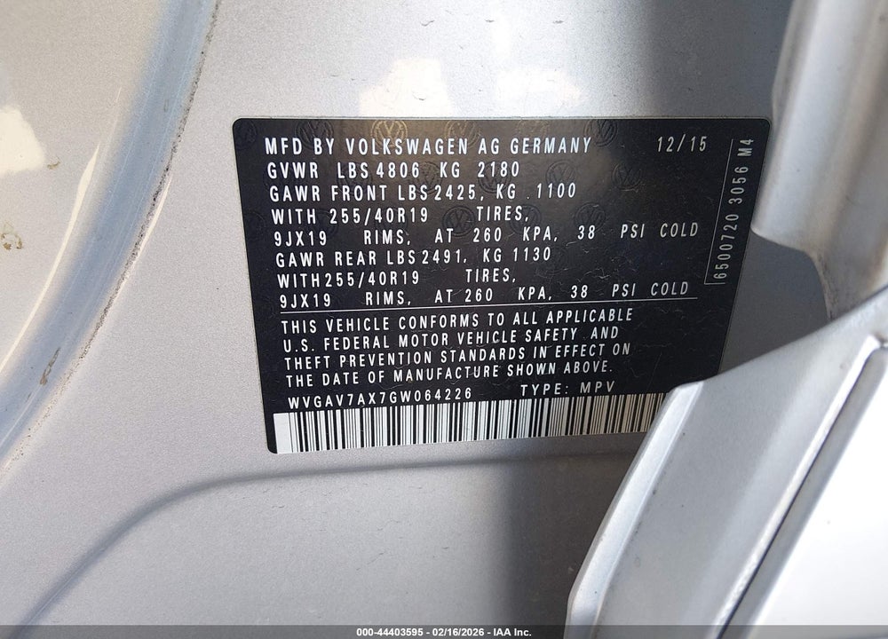 2016 VOLKSWAGEN TIGUAN R-LINE VIN: WVGAV7AX7GW064226