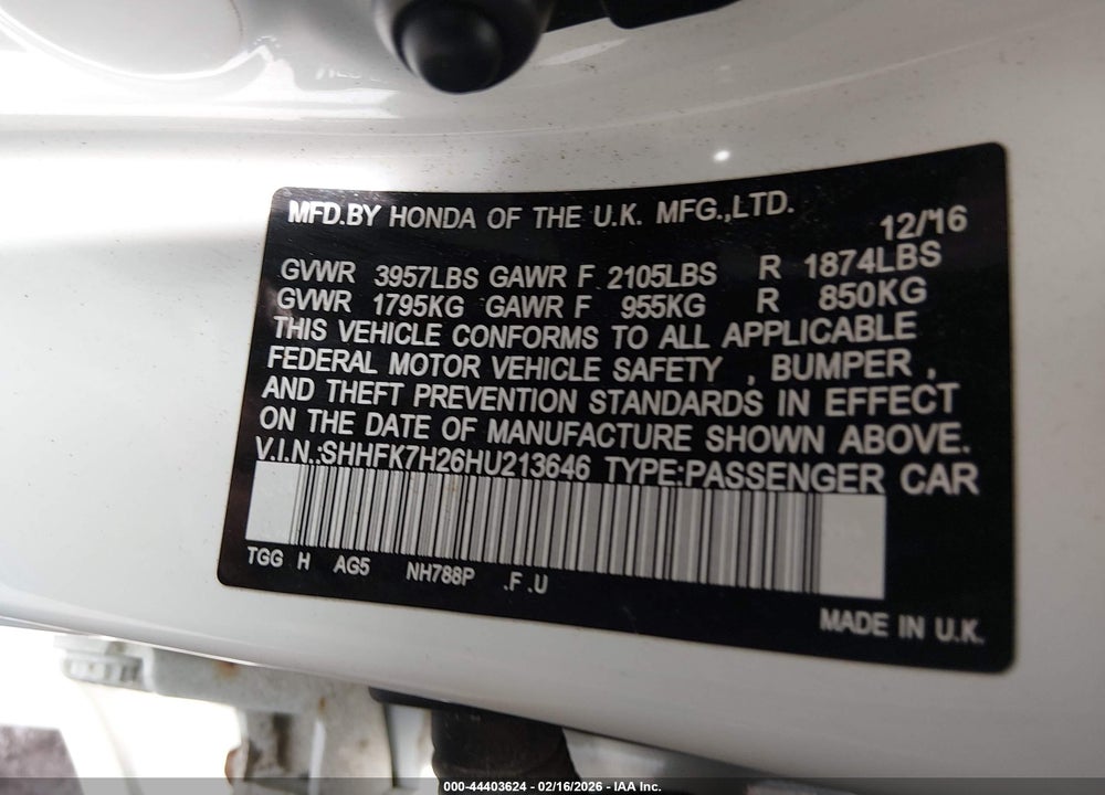 2017 HONDA CIVIC LX VIN: SHHFK7H26HU213646