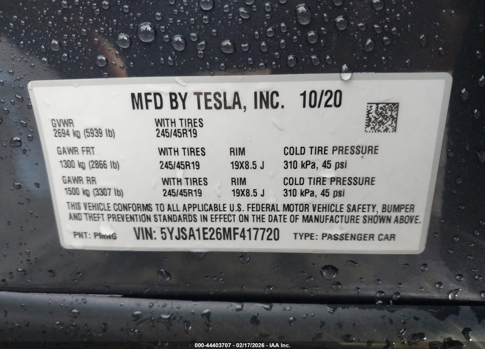 2021 TESLA MODEL S LONG RANGE DUAL MOTOR ALL-WHEEL DRIVE/LONG RANGE PLUS DUAL MOTOR ALL-WHEEL DRIVE VIN: 5YJSA1E26MF417720