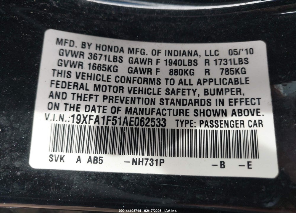 2010 HONDA CIVIC LX VIN: 19XFA1F51AE062533
