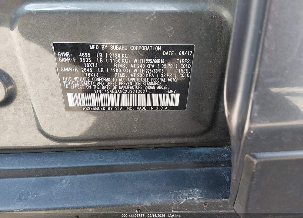 2018 SUBARU OUTBACK 2.5I LIMITED VIN: 4S4BSANCXJ3213027