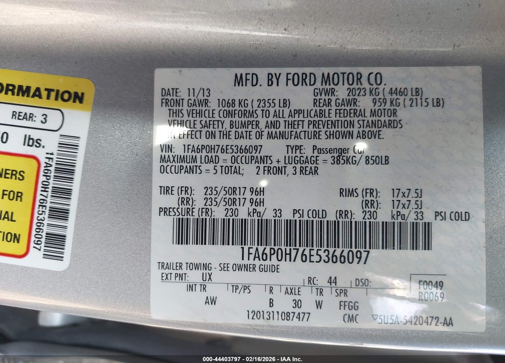 2014 FORD FUSION SE VIN: 1FA6P0H76E5366097