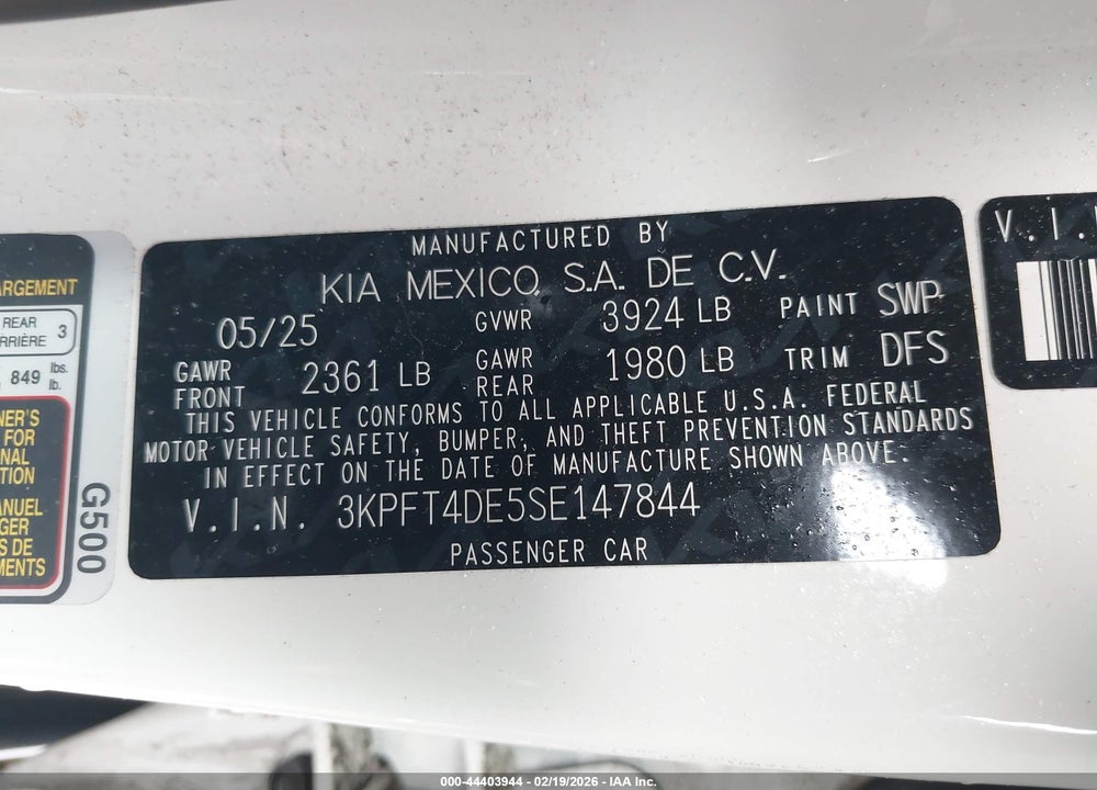 2025 KIA K4 LXS VIN: 3KPFT4DE5SE147844