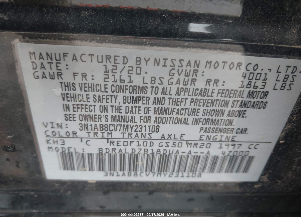 2021 NISSAN SENTRA SV XTRONIC CVT VIN: 3N1AB8CV7MY231108