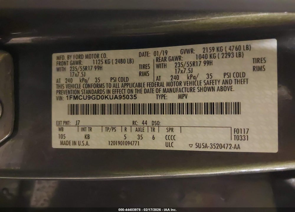 2019 FORD ESCAPE SE VIN: 1FMCU9GD0KUA95035