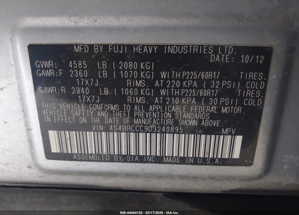2013 SUBARU OUTBACK 2.5I PREMIUM VIN: 4S4BRCCC9D3240895