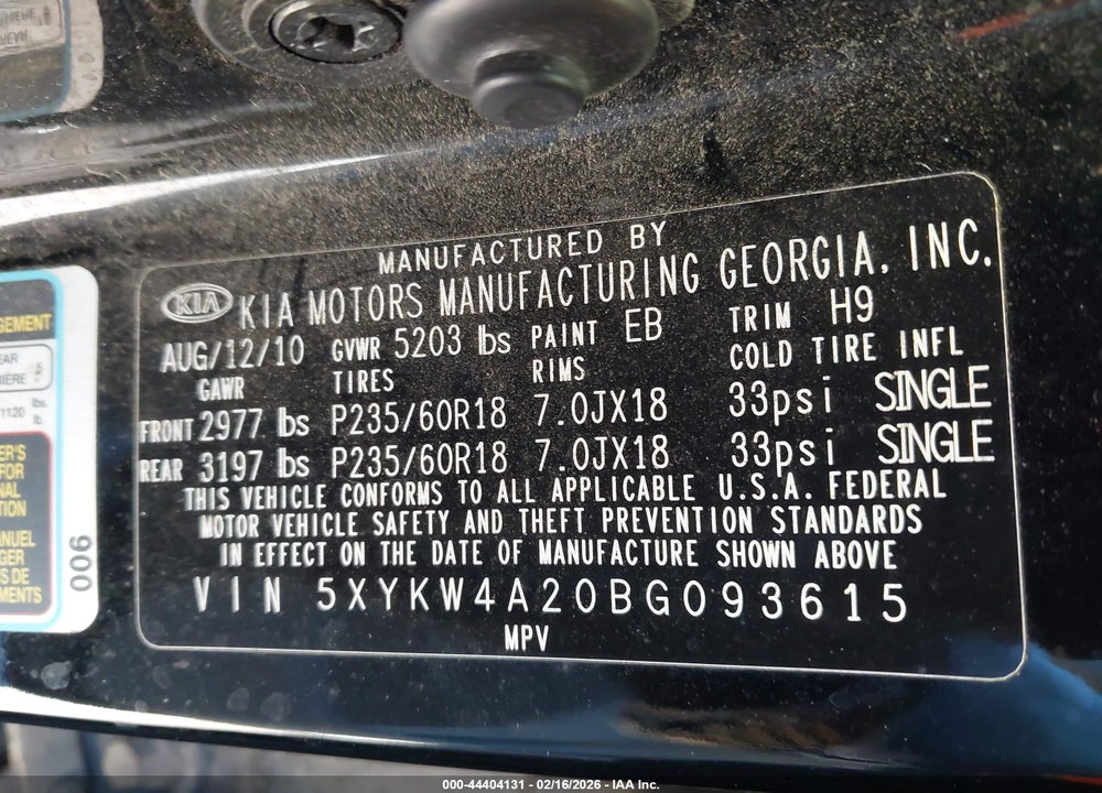 2011 KIA SORENTO SX V6 VIN: 5XYKW4A20BG093615