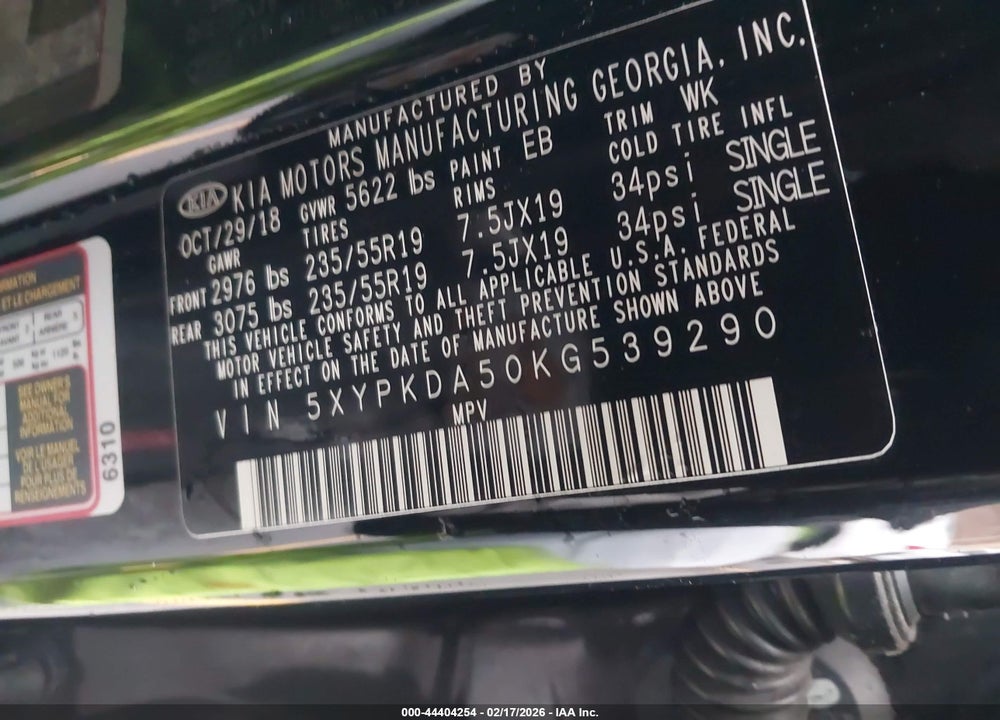 2019 KIA SORENTO 3.3L SXL VIN: 5XYPKDA50KG539290