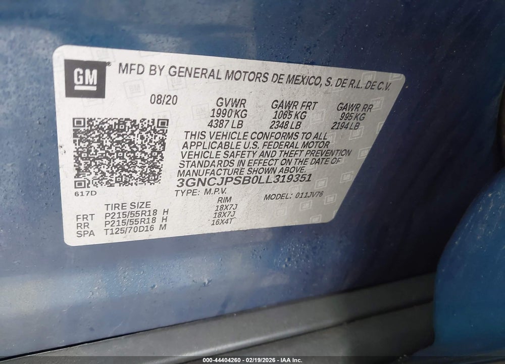 2020 CHEVROLET TRAX AWD LT VIN: 3GNCJPSB0LL319351