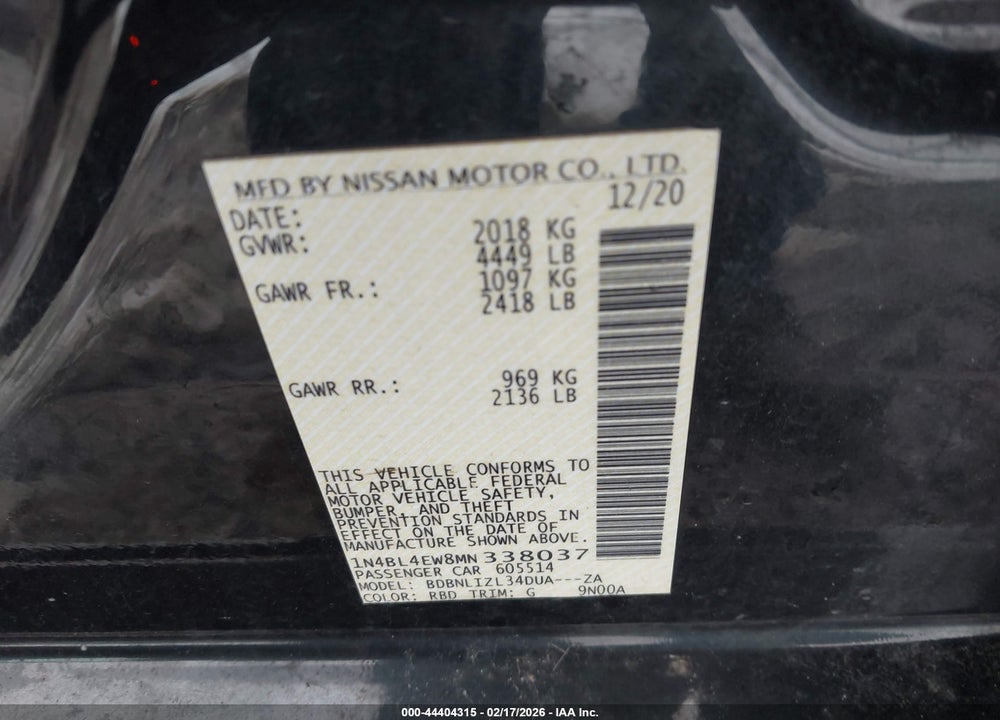 2021 NISSAN ALTIMA SL INTELLIGENT AWD VIN: 1N4BL4EW8MN338037