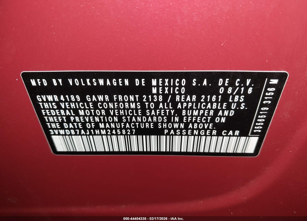 2017 VOLKSWAGEN JETTA 1.4T SE VIN: 3VWDB7AJ1HM245827