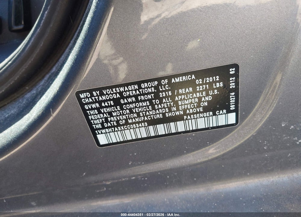 2012 VOLKSWAGEN PASSAT 2.5L SE VIN: 1VWBH7A3XCC053453