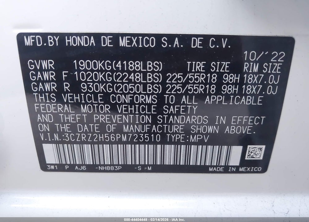 2023 HONDA HR-V AWD SPORT VIN: 3CZRZ2H56PM723510