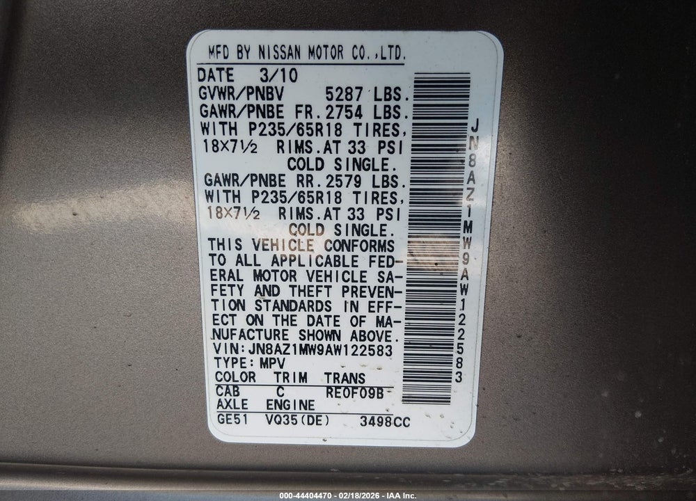 2010 NISSAN MURANO S VIN: JN8AZ1MW9AW122583