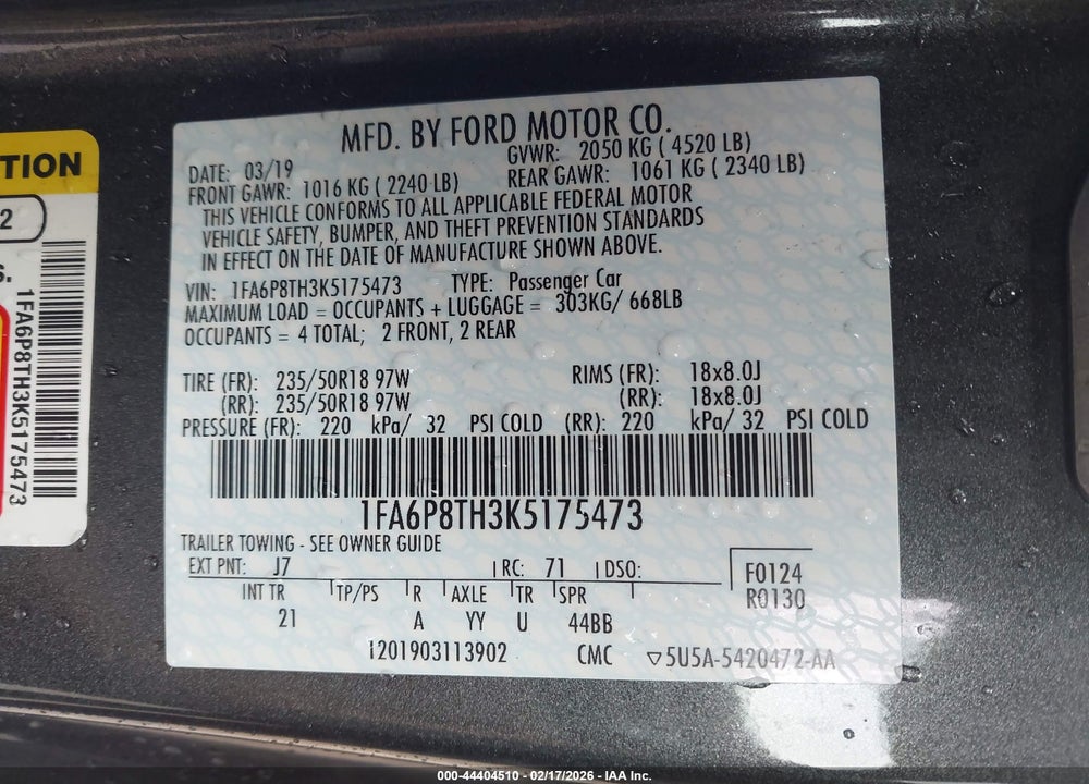 2019 FORD MUSTANG ECOBOOST VIN: 1FA6P8TH3K5175473