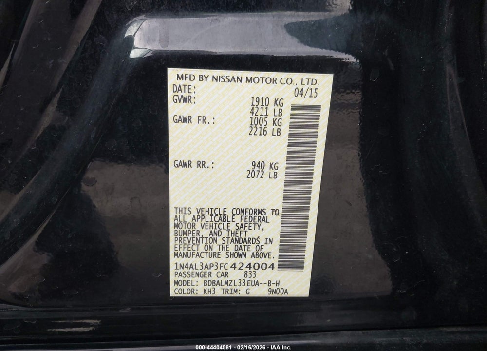 2015 NISSAN ALTIMA 2.5 SV VIN: 1N4AL3AP3FC424004