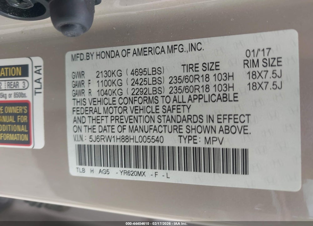 2017 HONDA CR-V EX-L/EX-L NAVI VIN: 5J6RW1H88HL005540