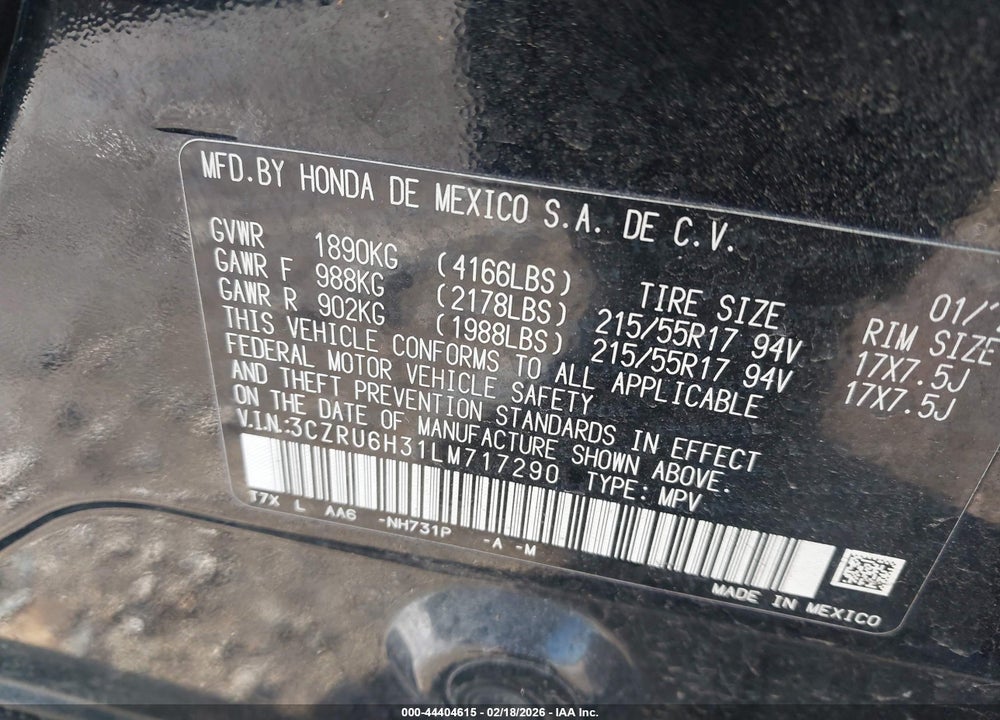 2020 HONDA HR-V AWD LX VIN: 3CZRU6H31LM717290