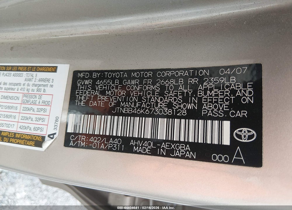 2007 TOYOTA CAMRY HYBRID VIN: JTNBB46K673038128