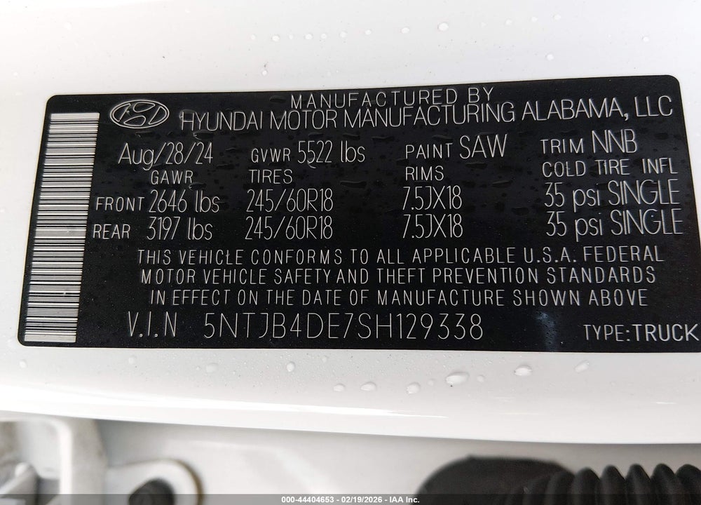 2025 HYUNDAI SANTA CRUZ SEL VIN: 5NTJB4DE7SH129338