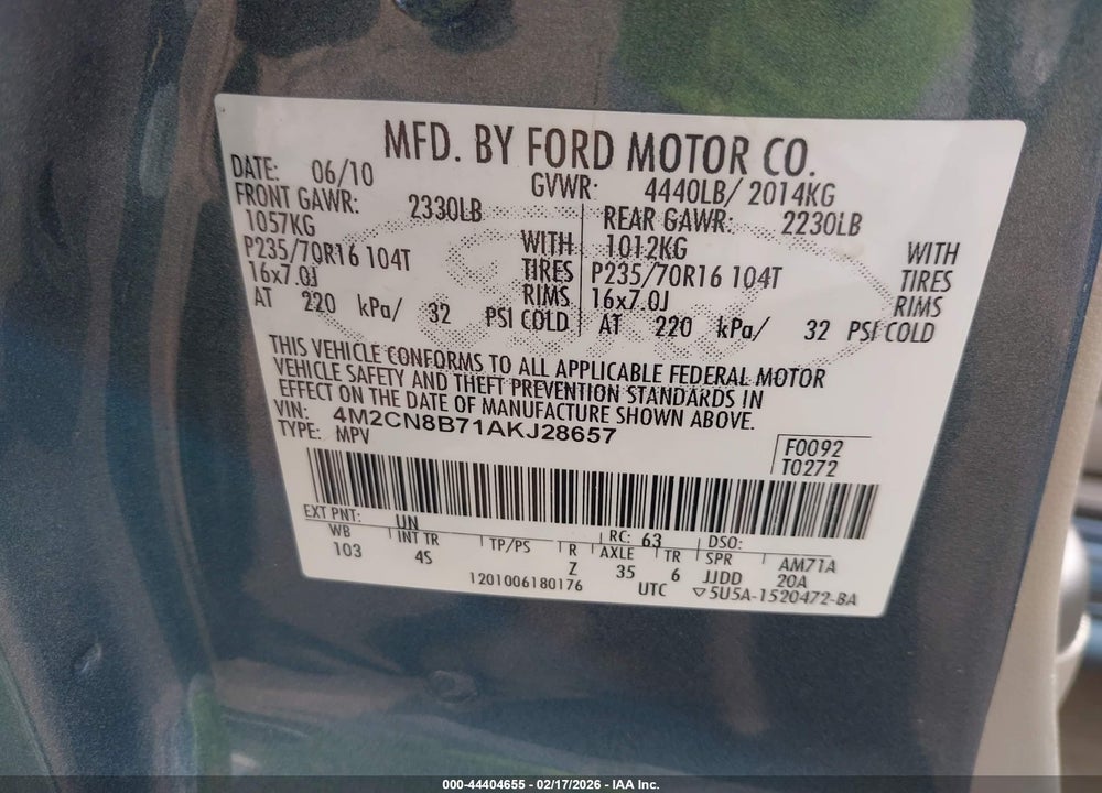 2010 MERCURY MARINER VIN: 4M2CN8B71AKJ28657