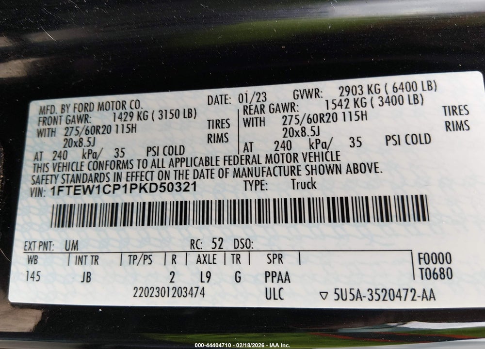 2023 FORD F-150 XL VIN: 1FTEW1CP1PKD50321