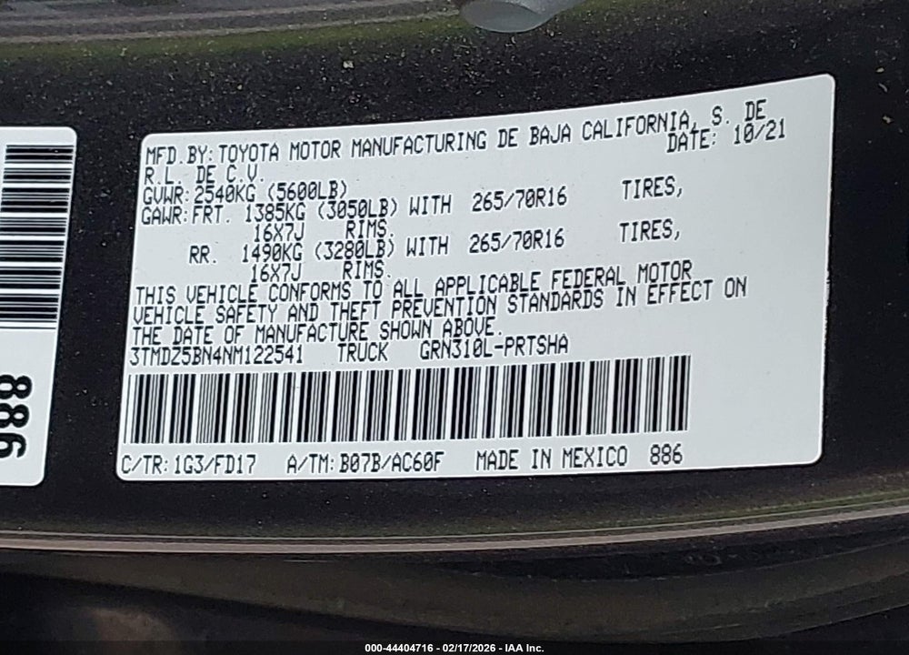2022 TOYOTA TACOMA TRD OFF ROAD VIN: 3TMDZ5BN4NM122541