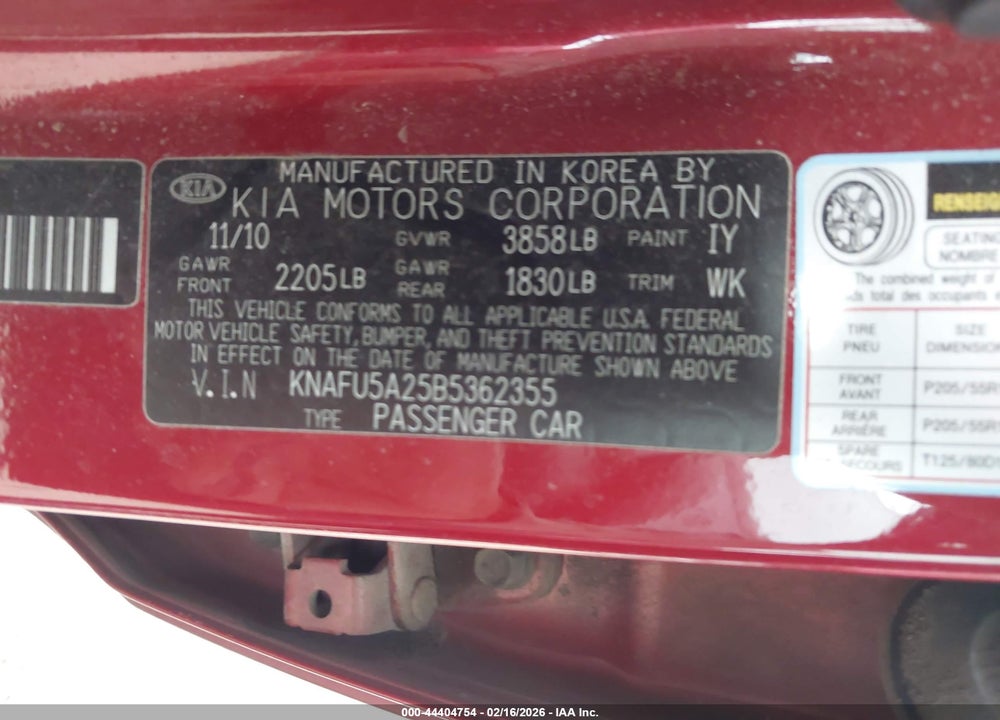 2011 KIA FORTE EX VIN: KNAFU5A25B5362355