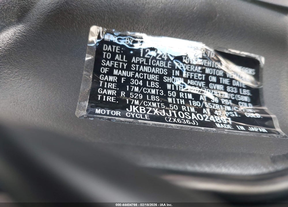 2025 KAWASAKI ZX636 K VIN: JKBZXJJ10SA024897